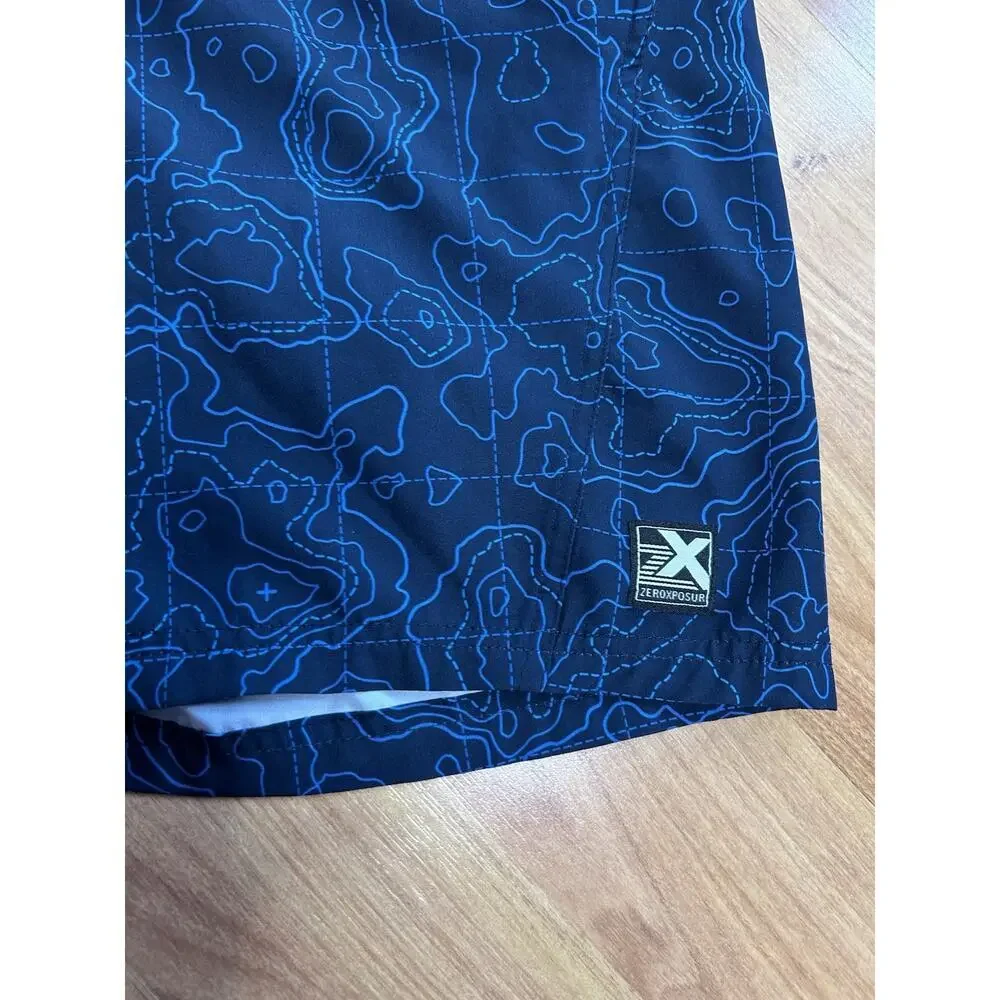 ZeroXposur Men's Blue Topographic Map Print Swim Trunks Shorts Size XL UPF 50+